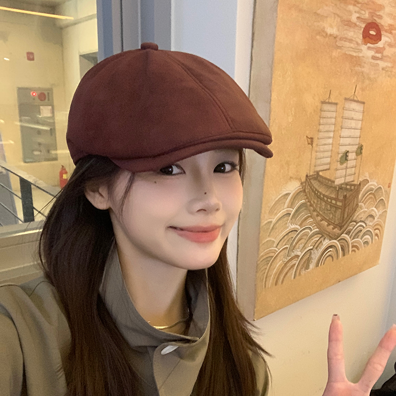 安可拉红日系前进帽麂皮绒复古贝雷帽子女秋冬画家帽英伦工体帽男