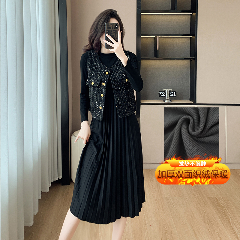 加厚加绒连衣裙小香风马甲洋气女2025春季新款高级感长裙套装