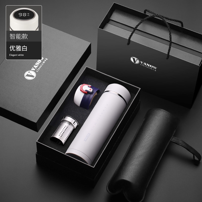 vanow双盖男士保温杯礼盒便携车载高档显温大容量刻字弹盖保温杯