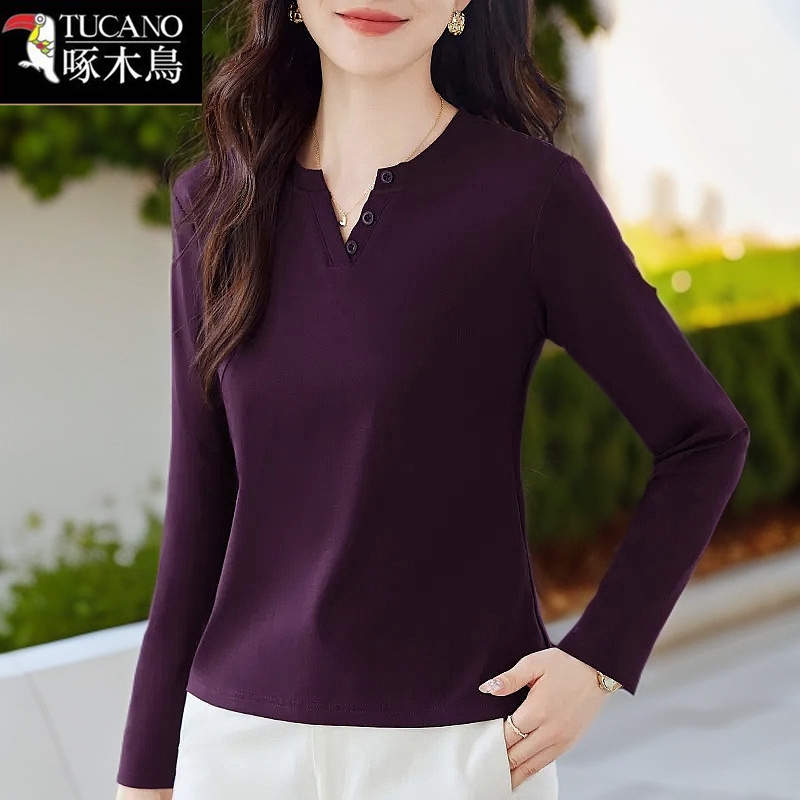 啄木鸟长袖打底衫T恤女秋冬款2025新款中年减龄洋气女士V领上衣潮