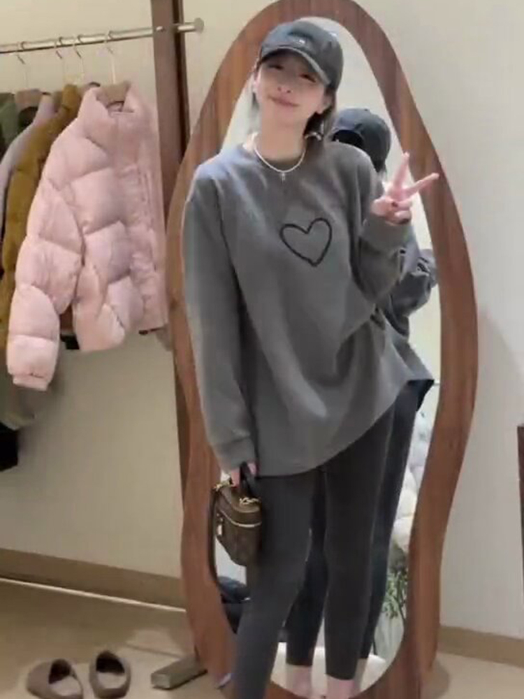 冬季双面德绒加厚加绒保暖圆领T恤女内搭打底衫长袖爱心休闲上衣