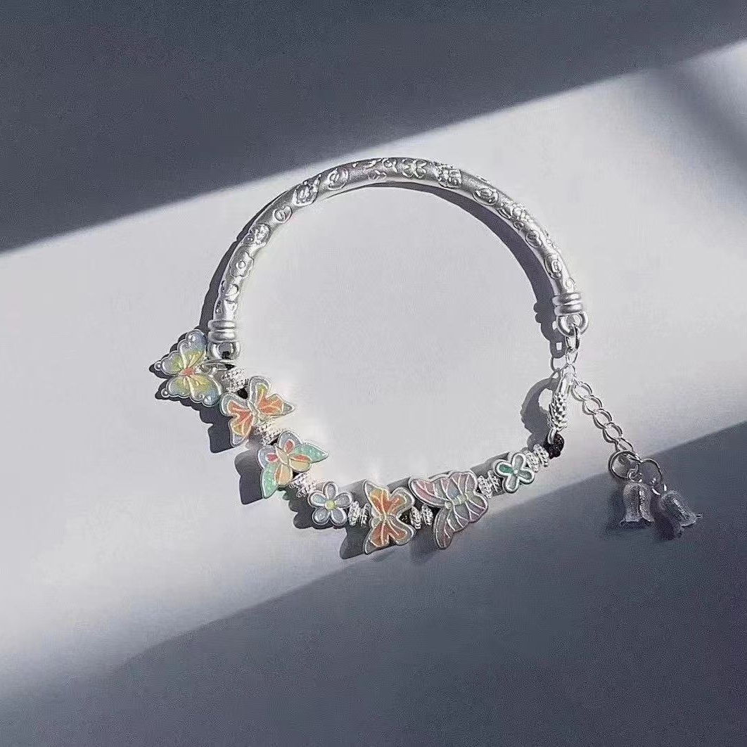 足银手镯 足银999蝴蝶珐琅彩半镯半链可调节百搭纯银手镯送女礼物