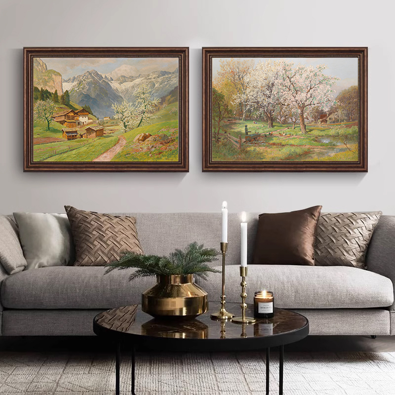 《春日山谷》美式装饰画复古客厅沙发背景墙挂画横版风景餐厅壁画