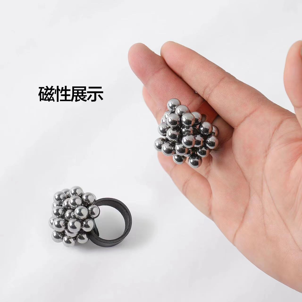 手工牛皮强磁戒指大小可调强力吸钢珠磁铁戒指钢球磁力指环强磁