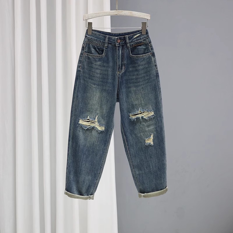 假破洞秋季新款高腰牛仔裤女2025宽松显瘦复古哈伦裤百搭九分裤子