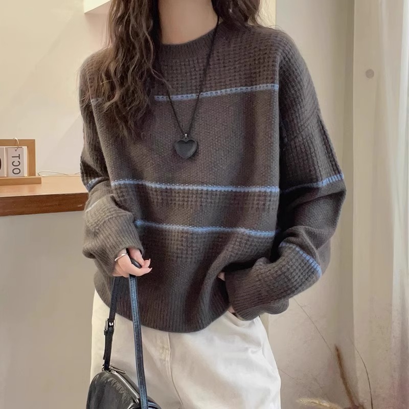 大码慵懒风撞色条纹针织衫女2025秋季新款胖妹妹圆领显瘦遮肉毛衣