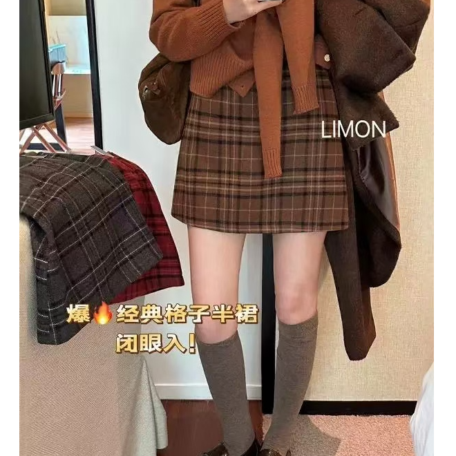 时尚韩版百搭韩系学院风格子复古高腰裙子秋冬款半身裙