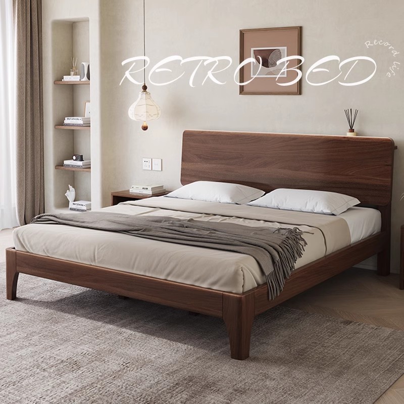 荷玺复古风胡桃木1.8米床全实木双人大气家用1.5大床民宿主卧室