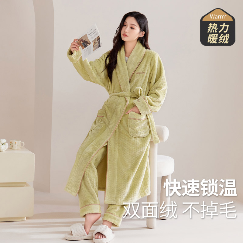 睡袍女秋冬季加厚珊瑚绒高级感男士浴袍法兰绒长款睡衣家居服套装