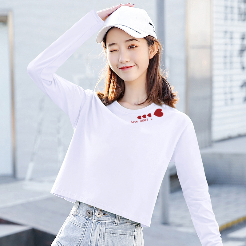 纯棉白色打底衫内搭春秋新款宽松显瘦微胖洋气短款上衣长袖女t恤