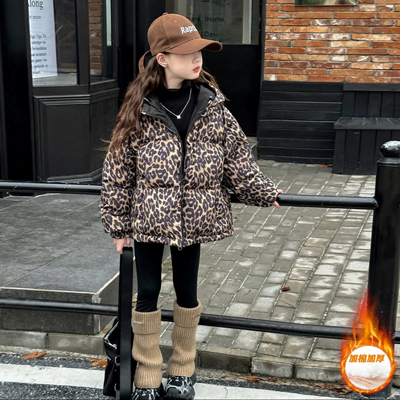 女童棉服2024新款冬装洋气豹纹棉袄大童冬季加厚棉衣两面穿外套潮