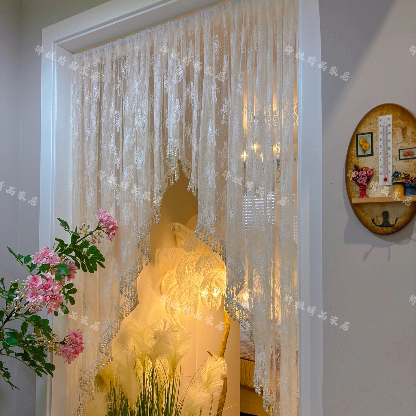 轻奢白纱流苏边碎免打孔安装隔断门帘纱帘蕾丝卧室厨房隔断