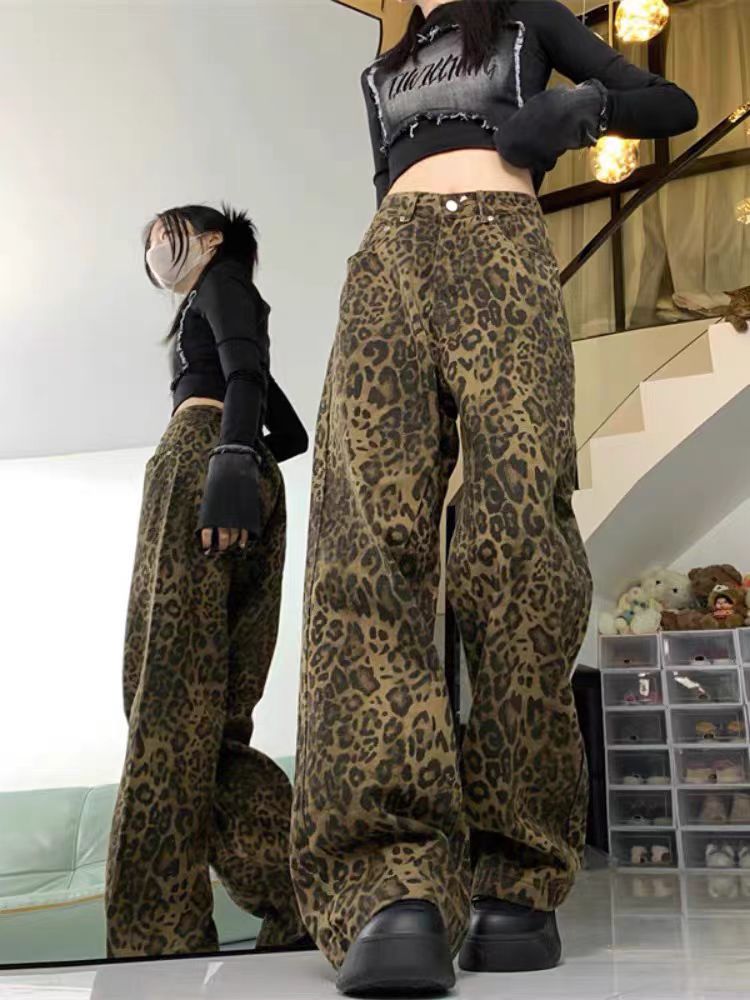一穿爱上！美式复古豹纹阔腿牛仔裤女胖mm显瘦宽松直筒休闲拖地裤