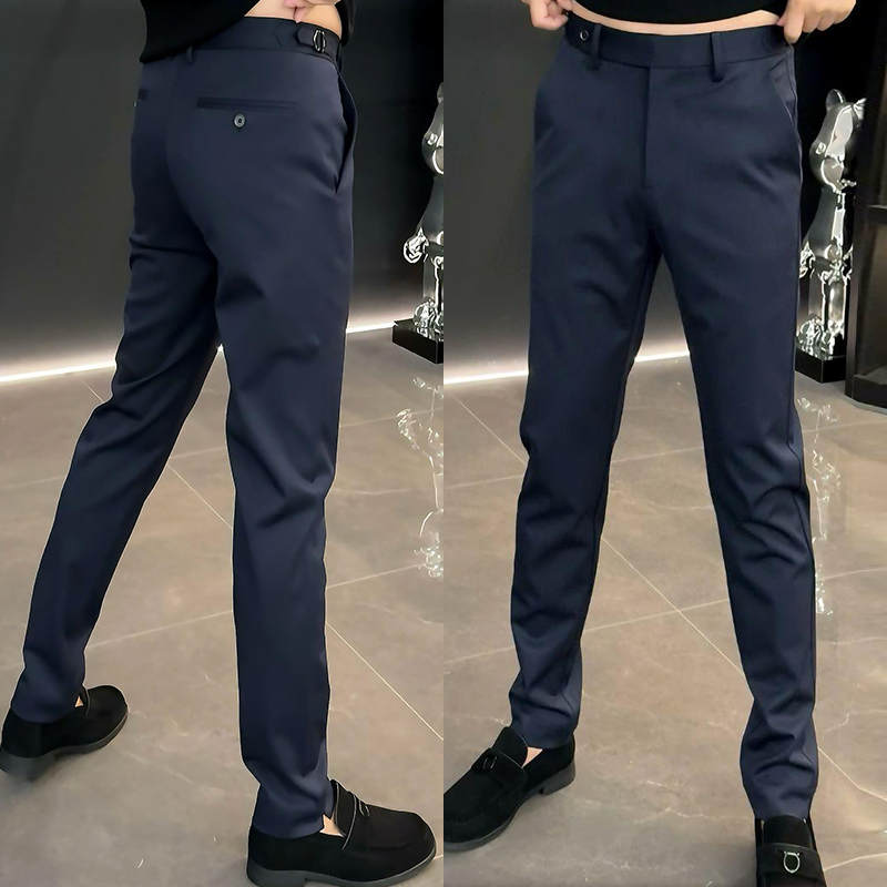 时尚百搭新款男士商务休闲西裤潮流裤脚分叉直筒西裤简约小脚裤男