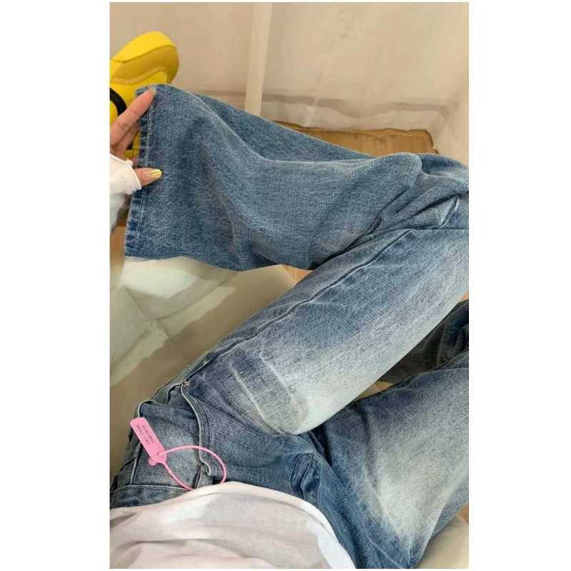 美式复古水洗不贴腿微喇叭牛仔裤女秋季低腰宽松显瘦直筒阔腿长裤