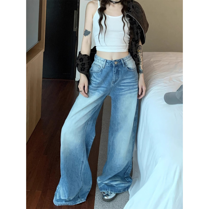 高个子加长美式高街水洗阔腿牛仔裤女2025秋季高腰显瘦宽松直筒裤