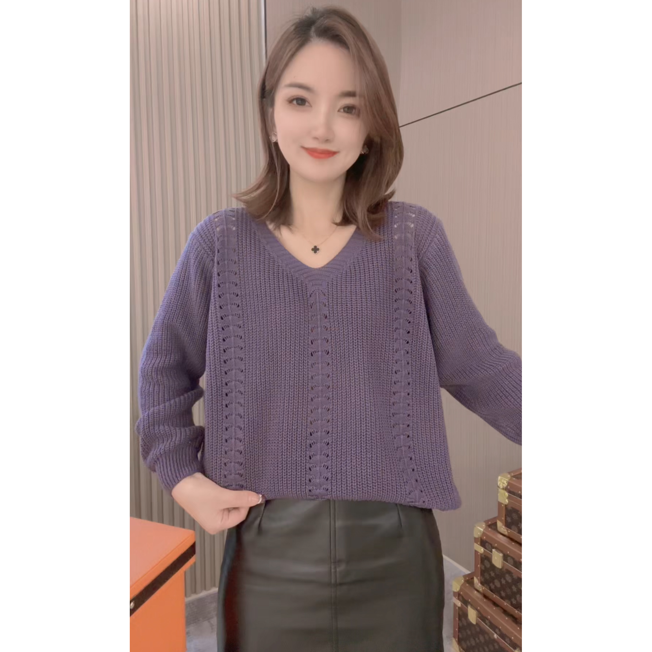 【亲肤棉纱】2025秋冬新款韩版女装宽松百搭V领套头针织衫显瘦毛衣