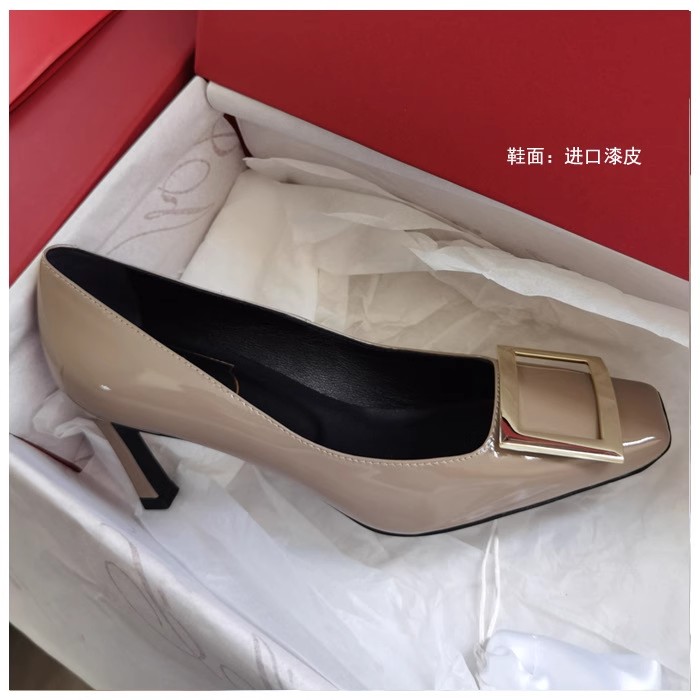 6高货~香蕉跟高跟鞋女细跟单鞋漆皮方头大象灰婚鞋金属方扣女鞋