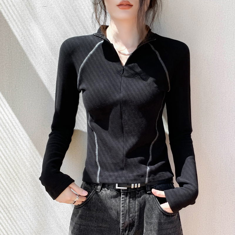 双面德绒拉链长袖T恤女2024秋冬新款修身加绒保暖时尚打底上衣