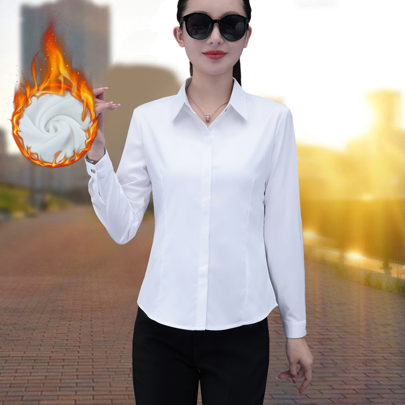 白色加绒加厚衬衫女长袖2025新款冬装韩版修身正装工作服职业衬衣