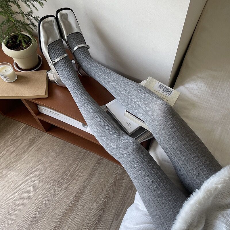 千禧年Y2K辣妹格雷系风经典麻花纹弹力显瘦少女连脚打底连裤袜女