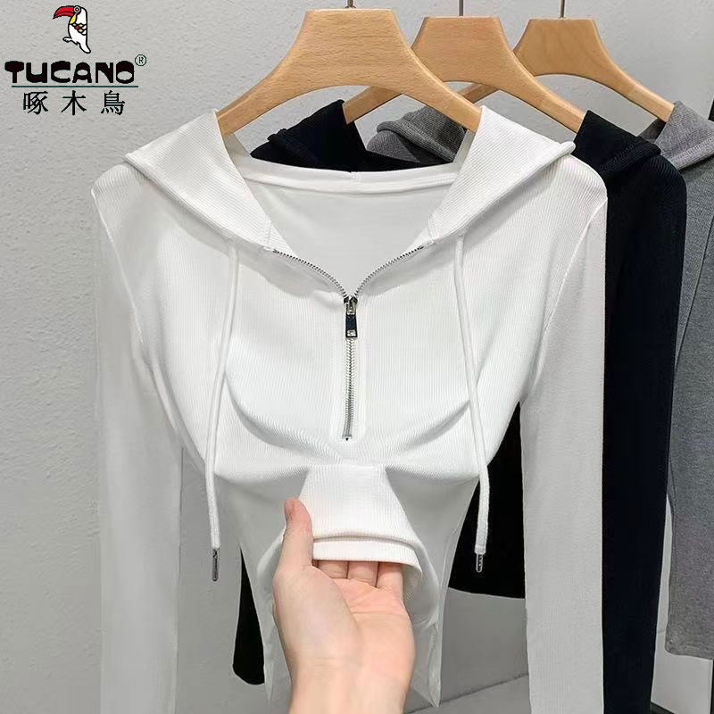 啄木鸟纯色连帽卫衣女薄款韩版ins风休闲百搭修身显瘦打底衫上衣