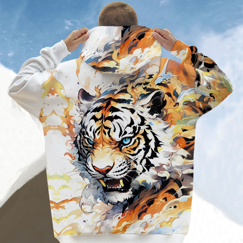 加绒卫衣男款国风老虎头印花冬季加厚外套大码加肥休闲套头连帽衫