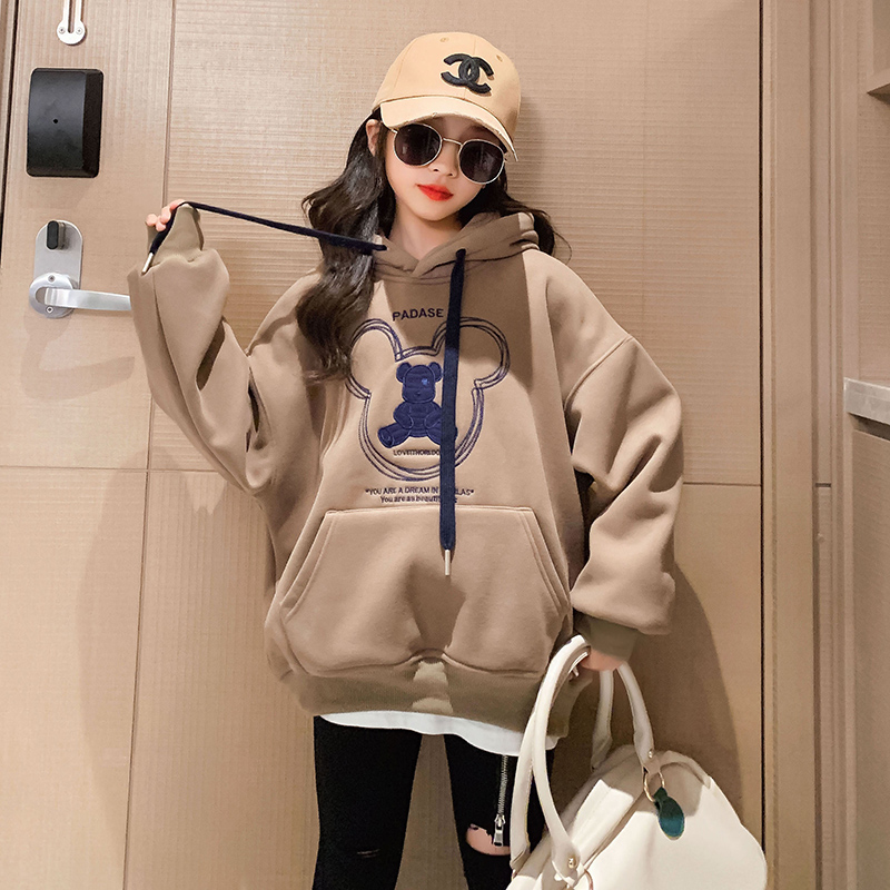 女童加绒加厚卫衣秋冬装2025韩版中大童卡通女孩连帽上衣亲子装
