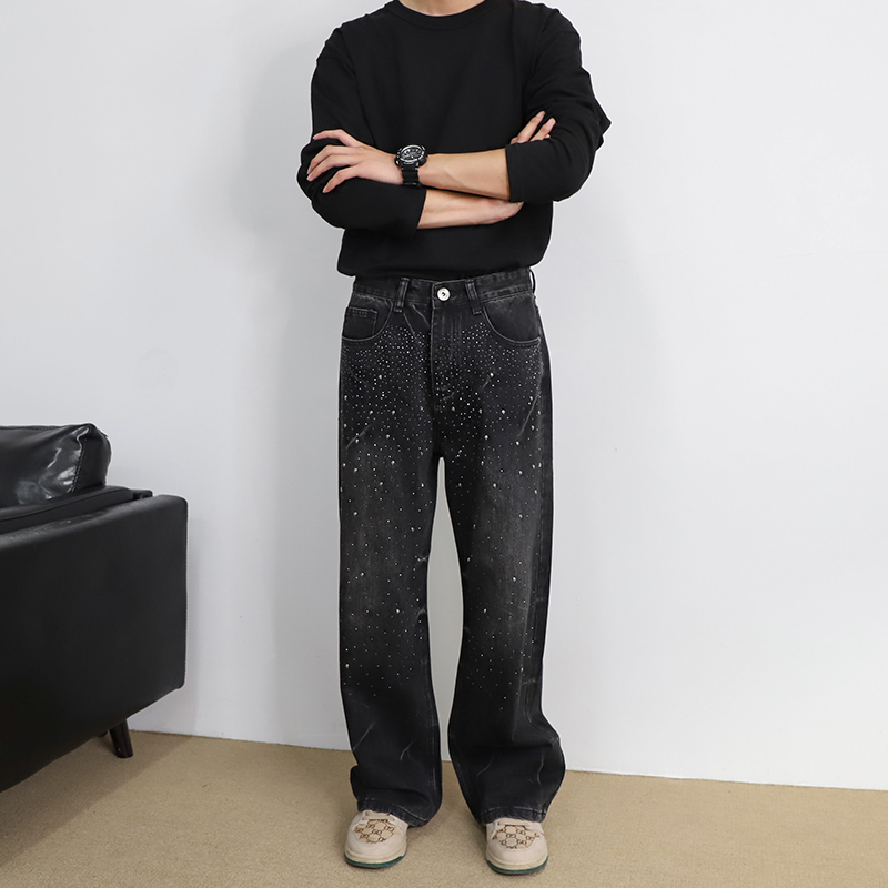 美式复古黑灰牛仔裤男士潮牌烫钻宽松直筒阔腿裤个性雷电纹长裤男
