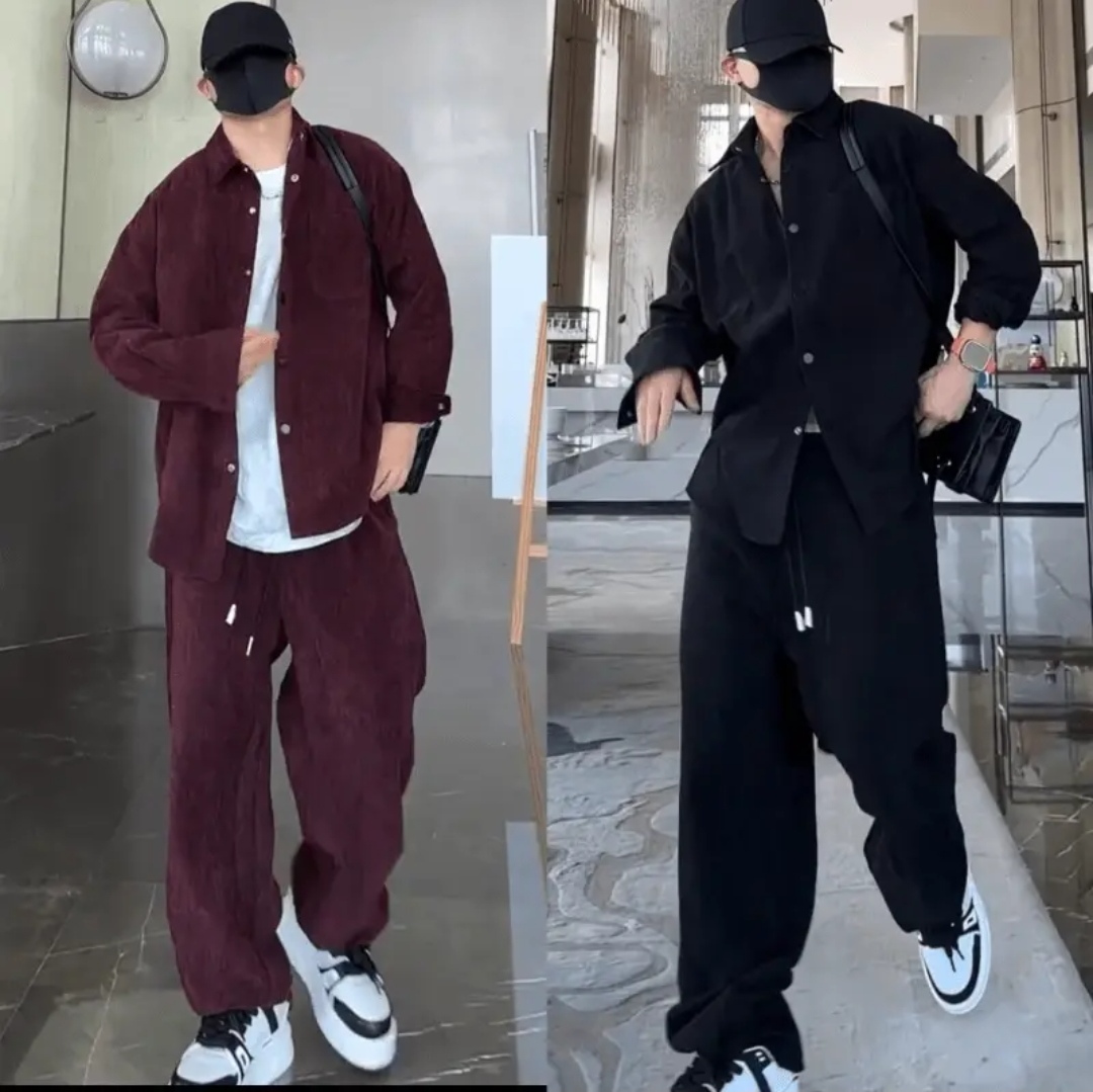 潮男时尚纯色翻领外套直筒裤套装洋气百搭情侣同款男士宽松两件套