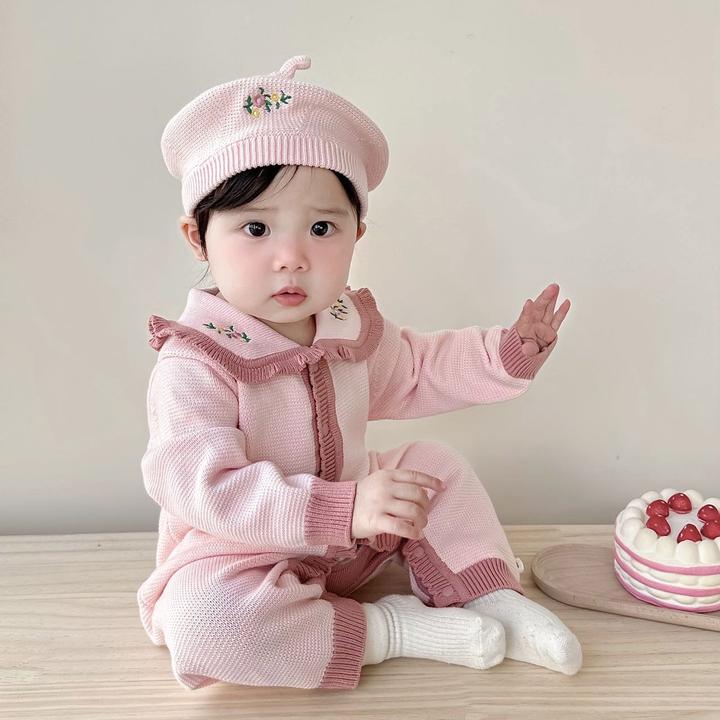 婴儿衣服秋冬连体衣女宝宝针织衫新生儿满月百天外穿哈衣秋装套装