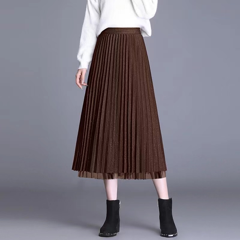 【秋冬新款】轻奢两面穿毛呢网纱半身裙裙子女高腰百褶裙中长款