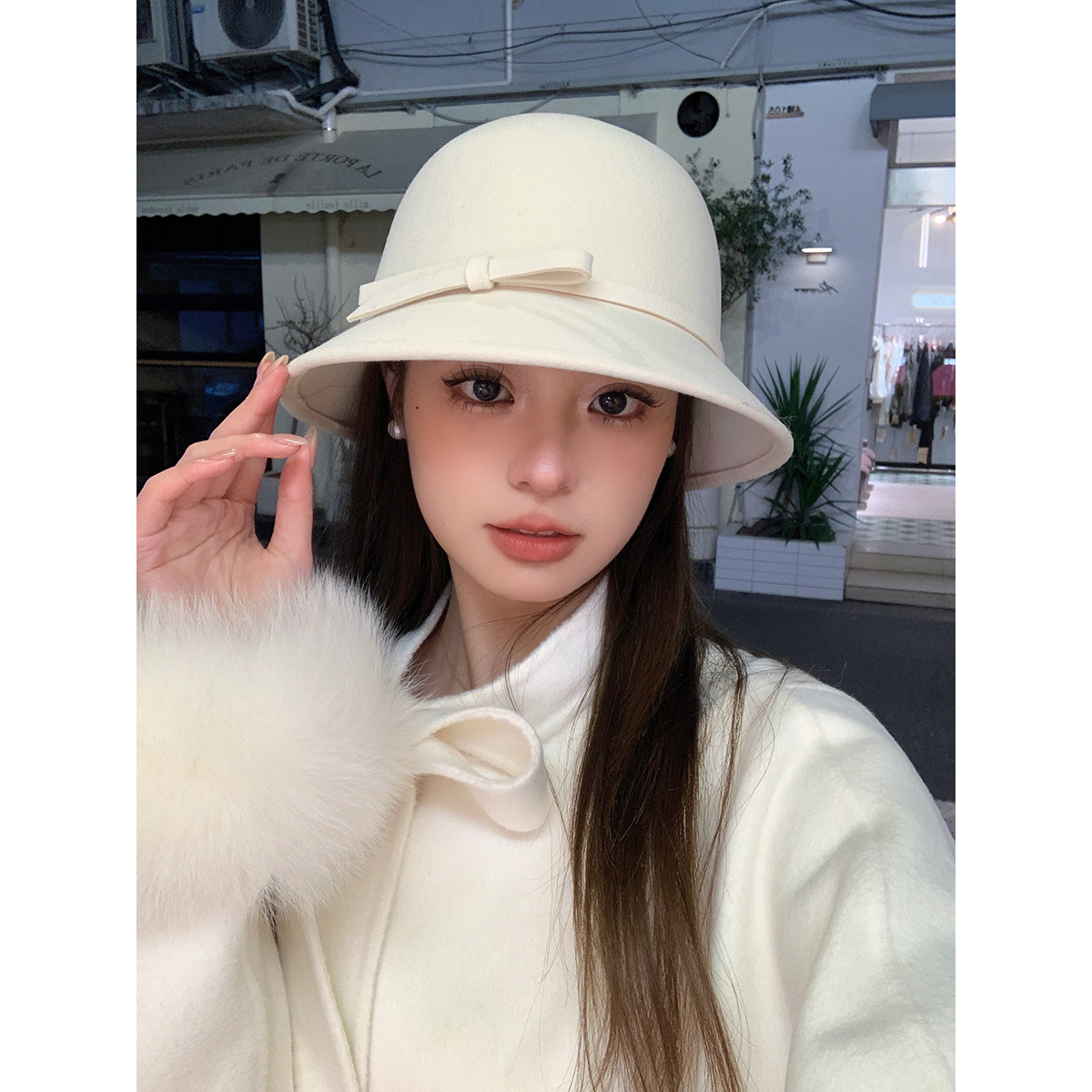 法式赫本风羊毛渔夫帽女秋冬季小香风蝴蝶结礼帽大头围水桶帽盆帽