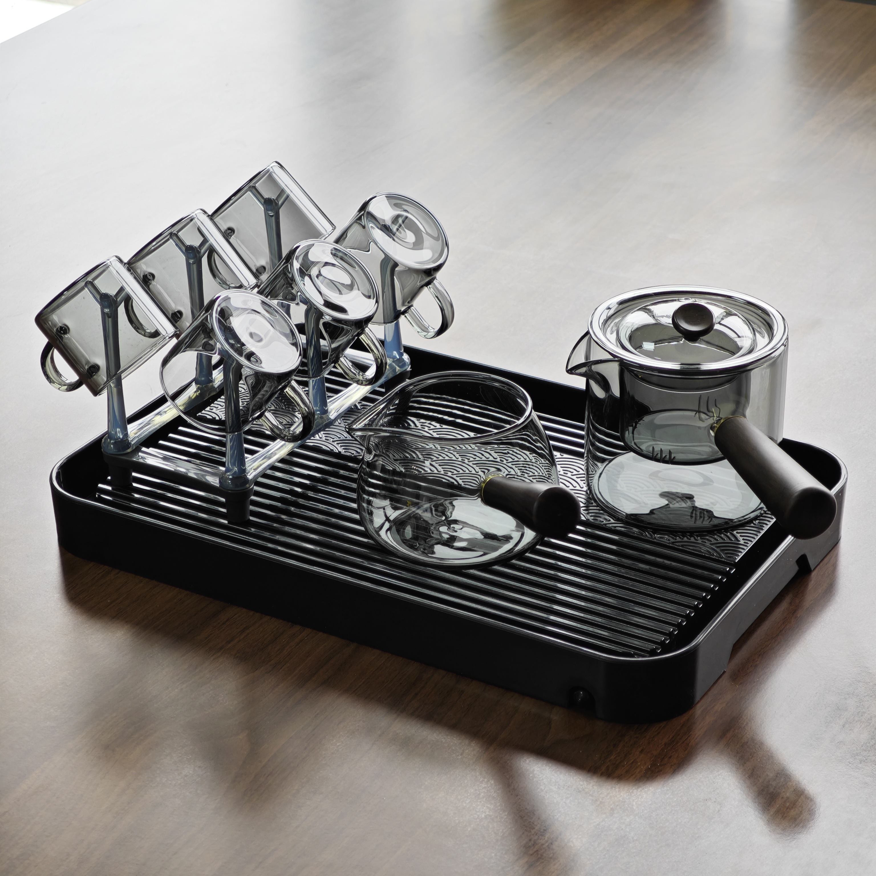 （1工厂首发）黑十件套茶具套装高硼硅材质 壶+公杯+六杯+杯架+茶盘