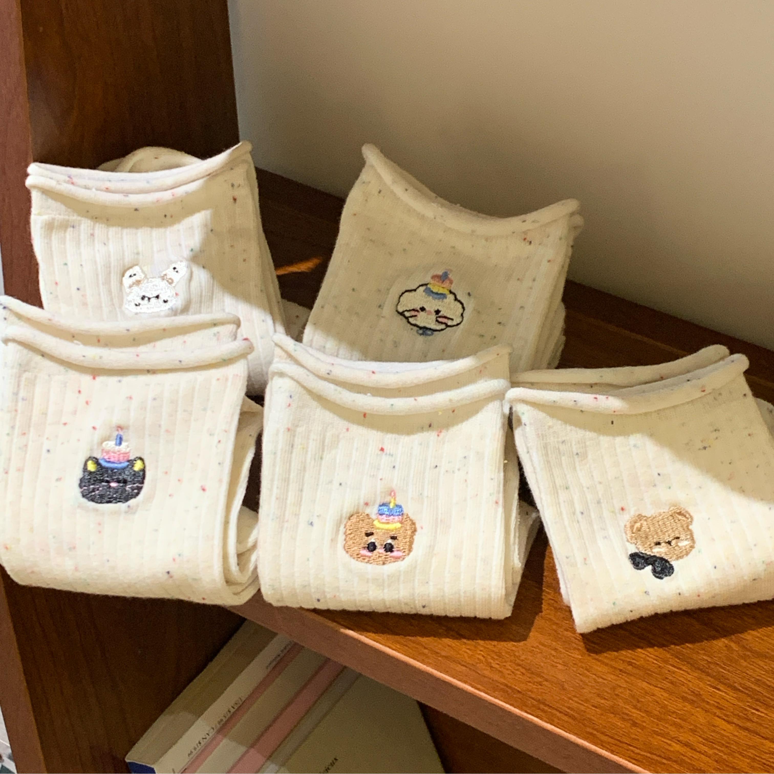 卡通可爱刺绣点子纱袜子女中筒春秋季堆堆袜ins潮日系少女生棉袜