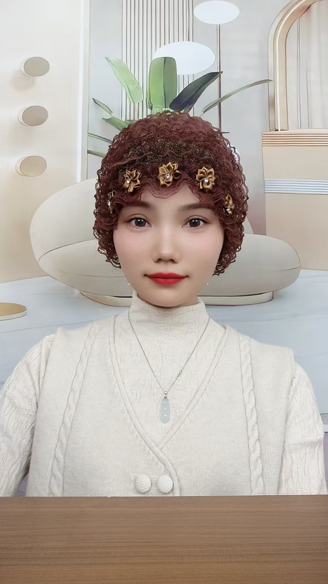 五朵花帽子女时尚韩版遮白发包头帽蕾丝花边网红百搭秋冬休闲