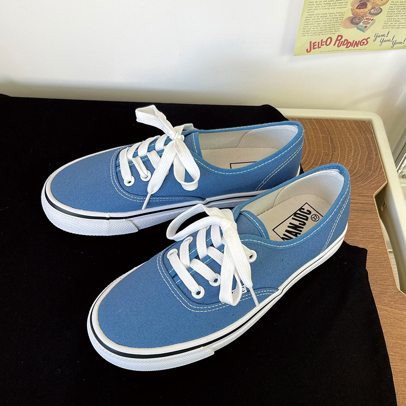 雾霾蓝色低帮男女同款情侣时尚青春款735百搭学院系带港风帆布鞋