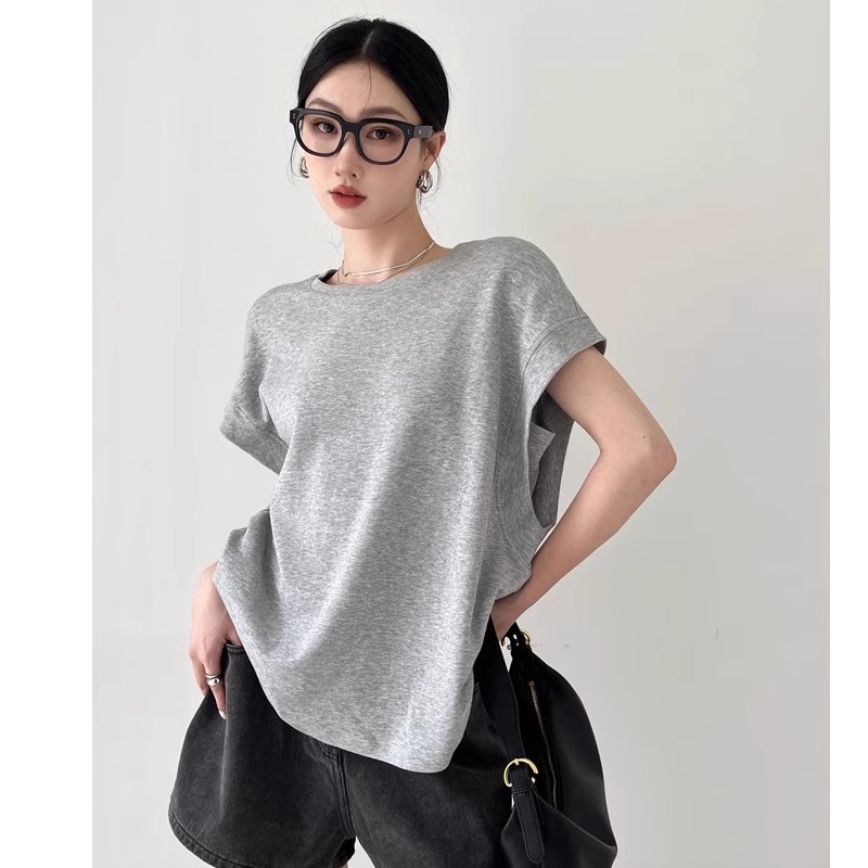 孕妇夏装无袖t恤夏季宽松薄款浅灰不显怀设计感上衣休闲减龄圆领