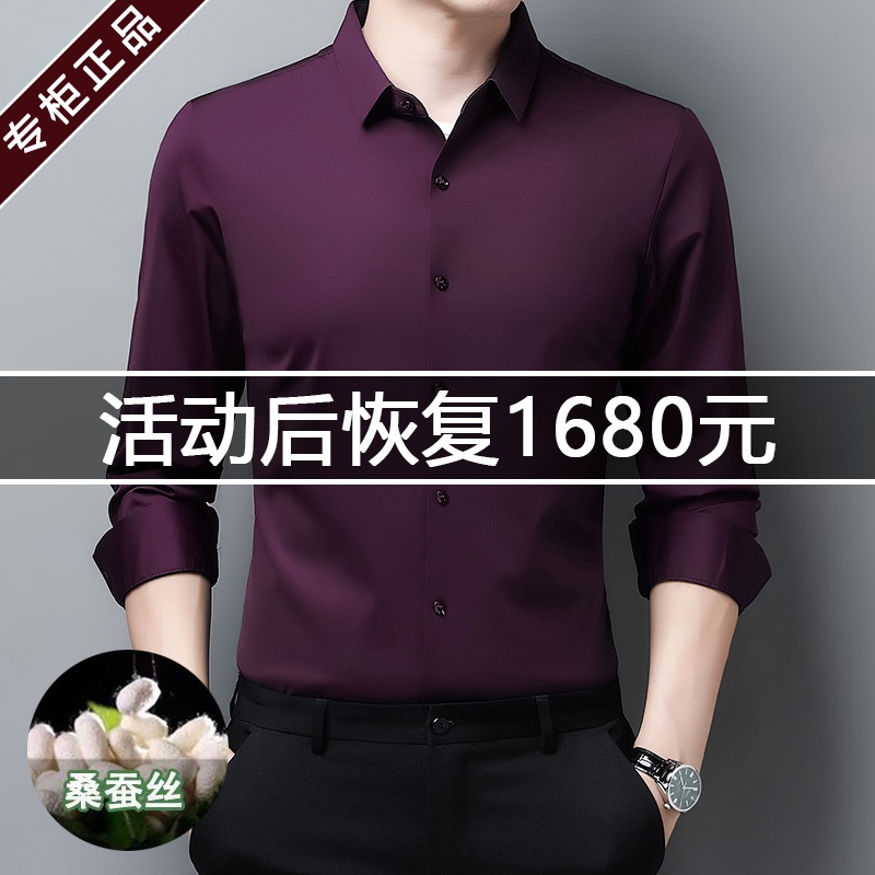 春秋款季高档薄款无痕长袖衬衫男士男装商务桑蚕丝免烫真丝衬衣