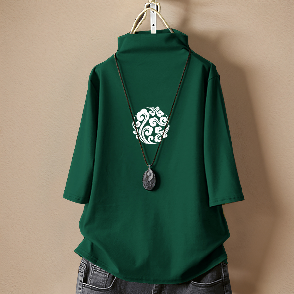 春夏大码新款纯棉宽松百搭休闲体恤半高领上衣五分袖套头T恤女士