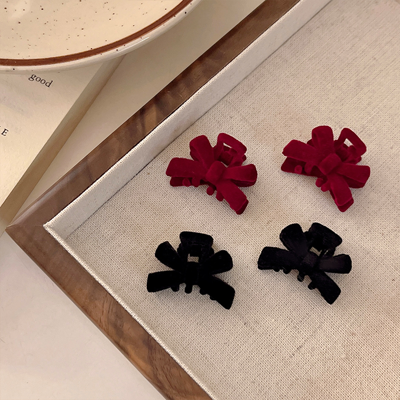红色发夹丝绒蝴蝶结小抓夹发饰小号公主头刘海夹女早秋头饰鲨鱼夹