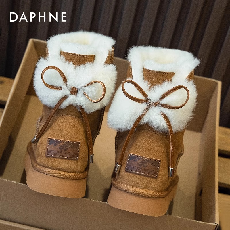 达芙妮雪地靴女2025冬季加绒加厚保暖鞋蝴蝶结设计感女士外穿棉鞋