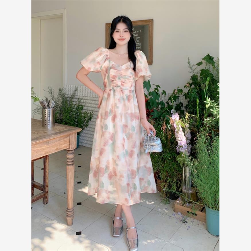 大码法式方领温柔风短袖连衣裙女夏季梨形身材a字裙胖MM显瘦裙子