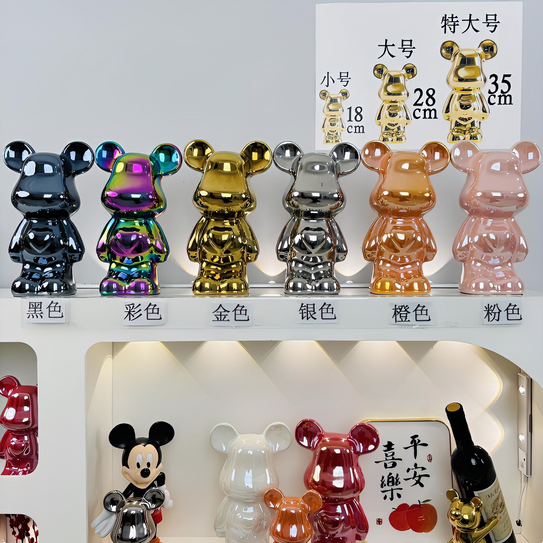 大号潮玩28cm陶瓷电镀甜心熊轻奢玄关酒柜摆件客厅酒柜装饰品摆件