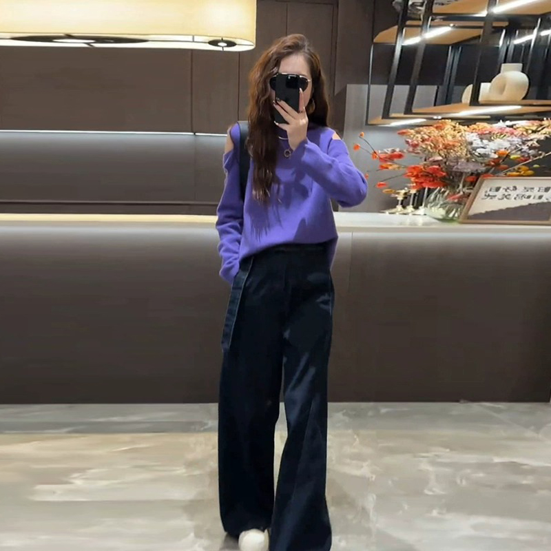 法式气质高级感套装女2025秋季新款露肩针织衫高腰牛仔裤两件套潮