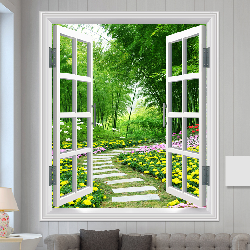 仿真窗户风景贴画3D立体假窗户墙贴画壁画客厅卧室床头自粘装饰画