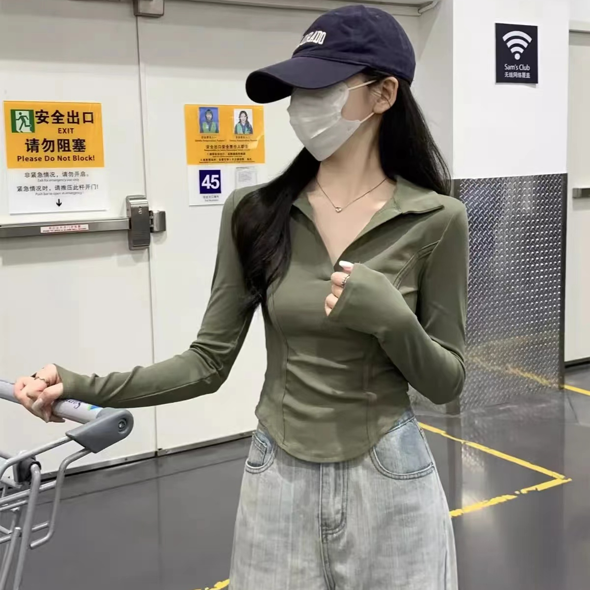 美式辣妹春秋修身纯色气质polo领鱼骨显瘦德绒长袖T恤打底上衣女