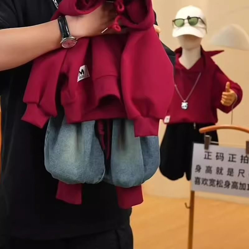 儿童秋冬季套装2025年新款牛角连帽卫衣韩版洋气红色罗纹脚牛仔裤
