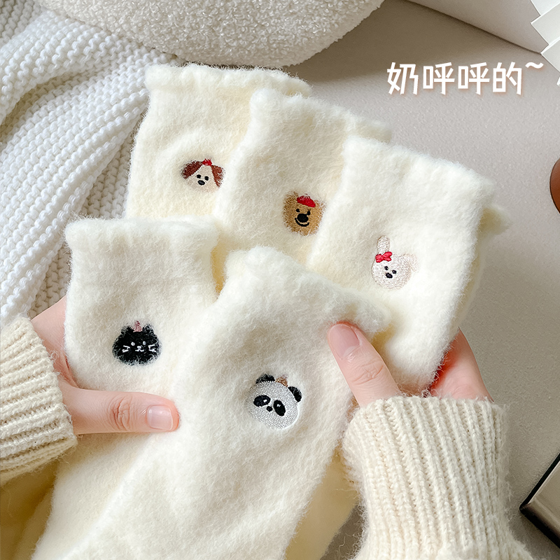 素淘厚袜子女中筒袜白色秋冬季加厚加绒保暖刺绣卡通冬天花边长袜