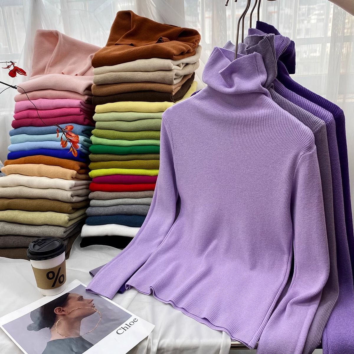 堆堆领高领多巴胺长袖针织衫女秋冬季复古叠穿内搭打底衫毛衣上衣